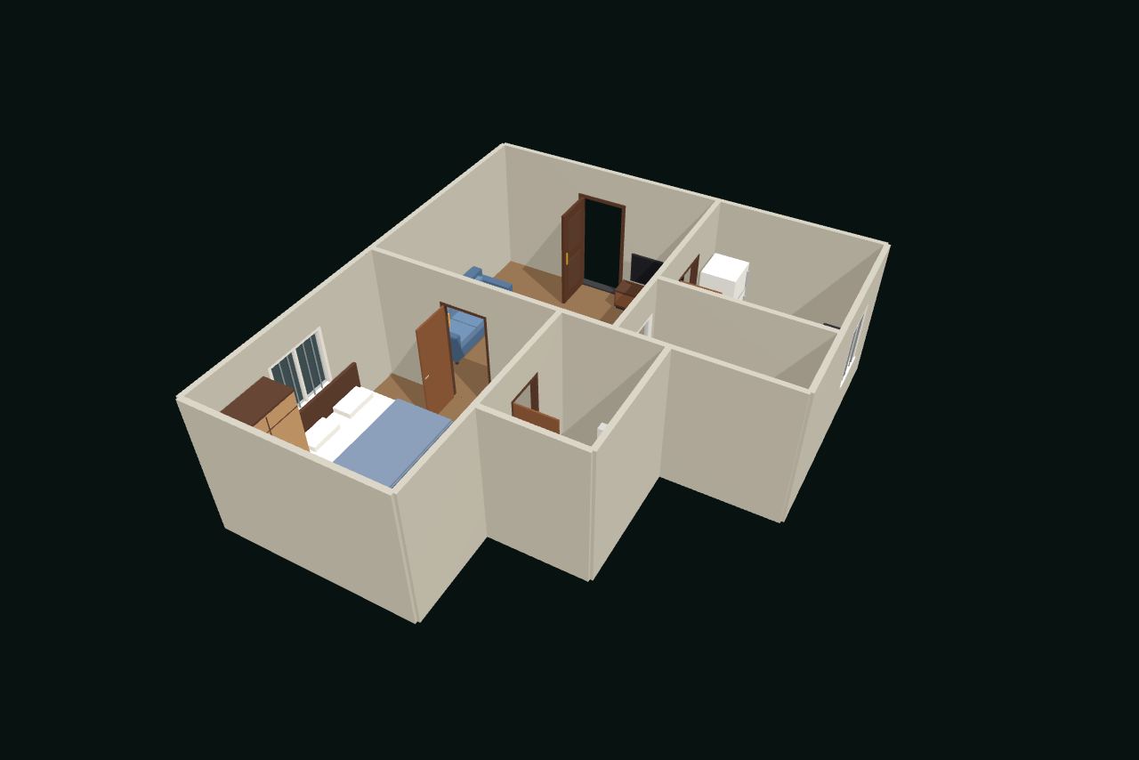 फ़र्नीचर के साथ 3D में 1BHK फ़्लैट, ऊपर से तिरछा देखा गया
