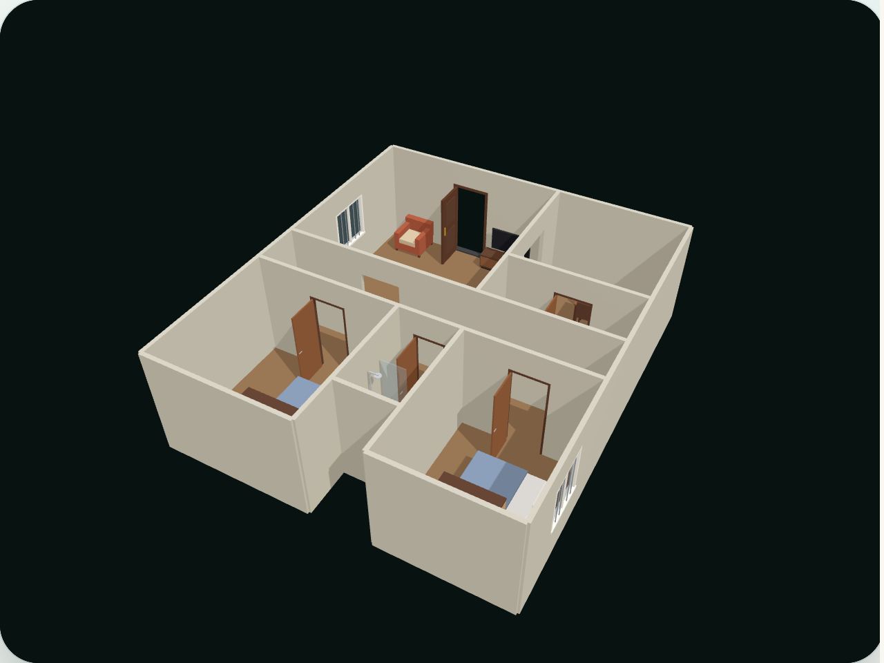 फ़र्नीचर के साथ 3D में 2BHK फ़्लैट, ऊपर से तिरछा देखा गया