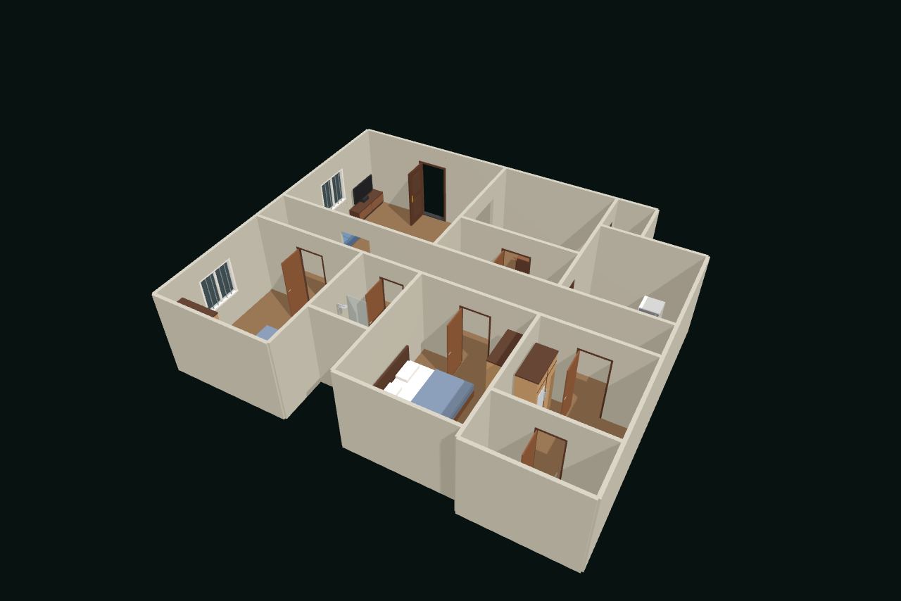 फ़र्नीचर के साथ 3D में 3BHK फ़्लैट, ऊपर से तिरछा देखा गया