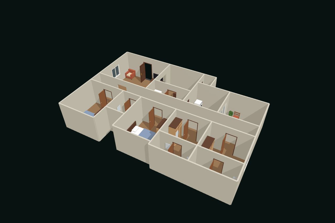 फ़र्नीचर के साथ 3D में 4BHK फ़्लैट, ऊपर से तिरछा देखा गया