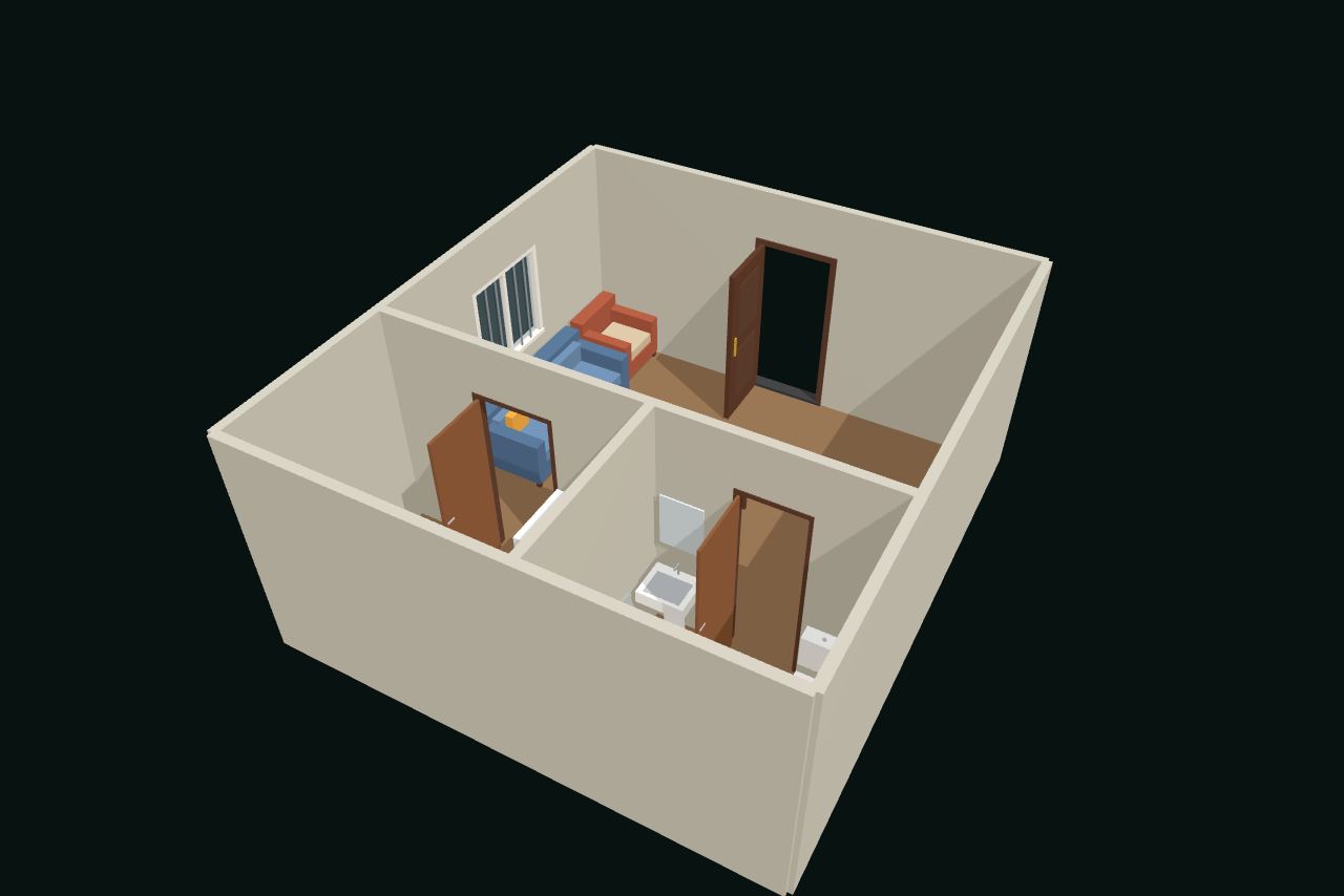 फ़र्नीचर के साथ 3D में स्टूडियो अपार्टमेंट, ऊपर से तिरछा देखा गया
